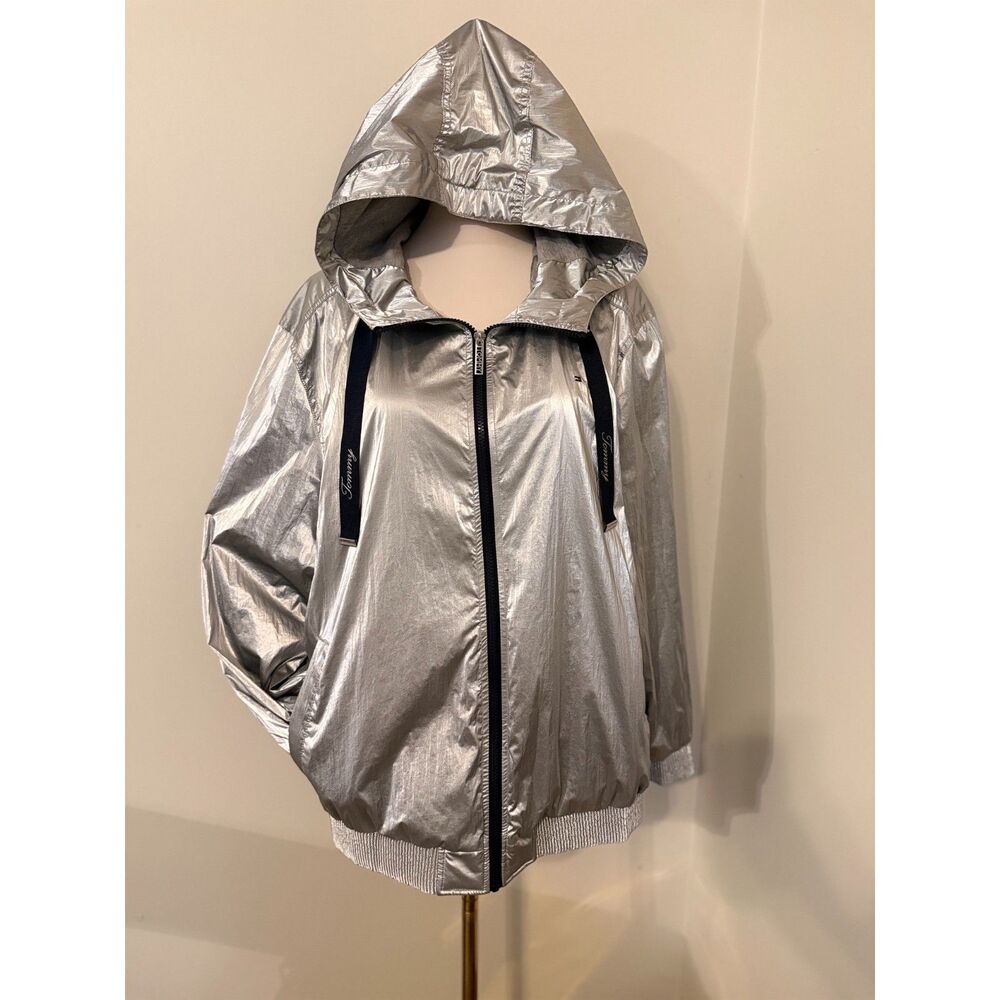 Tommy Hilfiger Metallic Silver Hooded Windbreaker Jacket Y2K Size L